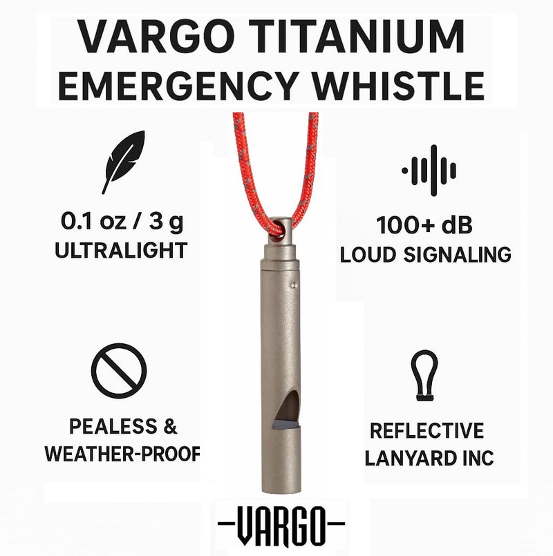 Vargo Titanium Emergency Whistle â€“ Ultralight 100+ dB Pealess Safety Whistle with Reflective Neck Lanyard â€“ Durable Survival Whistle for Hiking, Backpacking, Camping, and Emergency Kits - Image 2